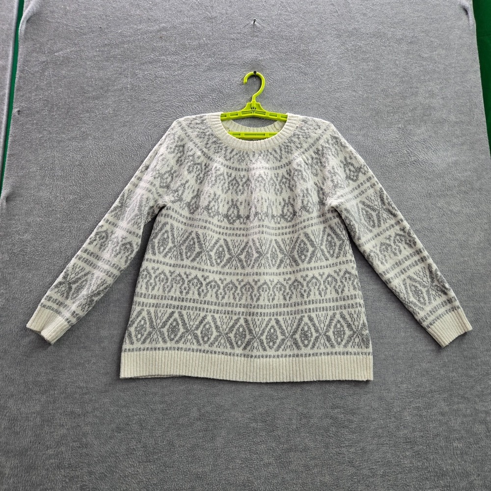 J Jill Women Sweater PM Gray Fair Isle Knit Long Sleeve Crew Neck